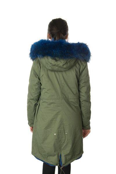 stonetail back of blue fur parka coat
